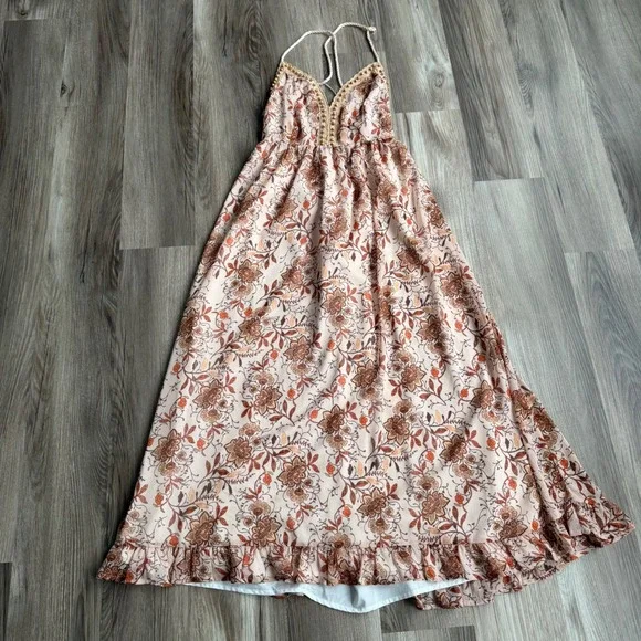 Y2K Miss Me Floral Boho Maxi Dress Small Halter Neck Beaded Lace Trim Cream Rust - Picture 1 of 5